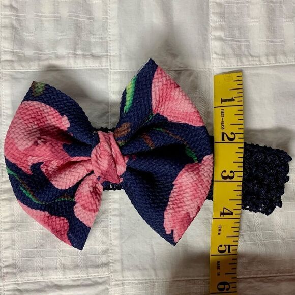 Infant Headband Navy Band Navy With Pink Floral Bow Size Newborn B302 - Picture 3 of 9